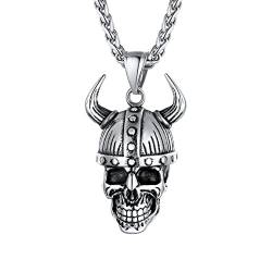 U7 Herren Wikinger Odin Schädel Halskette Edelstahl Totenkopf Anhänger mit 55+5cm Weizenkette Nordische Viking Amulett Hip Hop Rock Kette Cool Geschenk Modeschmuck Accessoire für Männer von U7