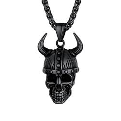 U7 Jungen Odin Schädel Anhänger Schwarz Edelstahl Totenkopf Halskette Nordische Wikinger Amulett Kette mit 55+5cm Weizenkette Fashion Punk Casual Modeschmuck für Vatertag Geburtstag von U7