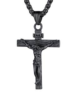 U7 Kreuz Halskette Schwarz Edelstahl INRI Kruzifix Jesus Christus Anhänger mit 50+5cm Weizenkette Katholischen Christian Modeschmuck Accessoire, Schwarz-Ton von U7