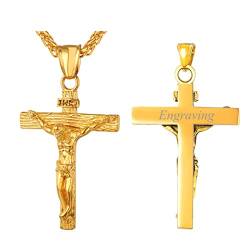 U7 Kreuz Kette 18k vergoldet INRI Kruzifix Jesus Christus Anhänger mit 50+5cm Weizenkette Katholischen Christian Halskette Modeschmuck für Damen Herren, Gold-Ton von U7