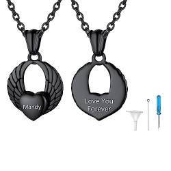 U7 Mädchen Schwarz Heart Wings Glänzende Herz-Urne-Anhänger Herren FlügelHalskette Charms Andenken Personalisiert Kette mit Asche Urne Memorial Cremation Urn Necklace für Mann Lieber von U7