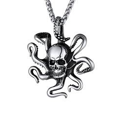 U7 Totenkopf Krake Anhänger Halskette Edelstahl Octopus Tintenfisch Schädel mit 3mm/55+5cm Weizenkette Punk Biker Modeschmuck Accessoire für Männer Jungen von U7