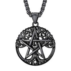 U7 Weltenbaum Medaille mit Pentagramm für Herren Damen Schwarz Wikinger Yggdrasil Anhänger Halskette Amulett Kette Modeschmuck Accessoire von U7