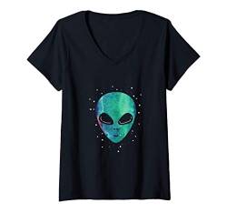 Damen Alien Kopf Sternennachthimmel Geschenk Fun T-Shirt mit V-Ausschnitt von UAB KIDKIS
