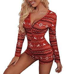 Damen Weihnachten Kurzer Overall Pyjama Langarm V-Ausschnitt Strampler Einteiler Weihnachten Body Playsuit, B3, Medium von UAURORAO