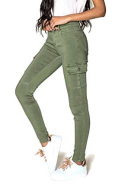 Damen Cargo Pants Skinny Slim Hose Soft Stretch Baumwolle Jeans UK 6-14 Gr. 32, Khaki-Grün von UDF