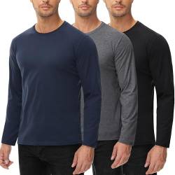 Langarmshirt Für Herren 100% Baumwolle 3 Pack T Shirt Rundhalsausschnitt Basic Maschenware Cotton Langarm Shirt Longsleeve Männer Schwarz Grau Blau 4XL von UEEKO