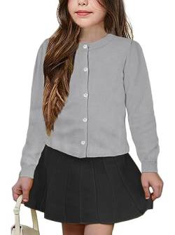 UELoop Mädchen-Strickjacke mit Rundhalsausschnitt [niedliche Blütenblatt-Knöpfe] Baumwolle Langarm Uniform Pullover für 5 6 5-6 5T 6Y Jahre Mädchen Grau von UELoop