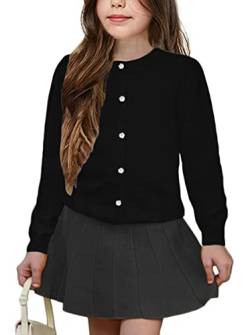 UELoop Mädchen-Strickjacke mit Rundhalsausschnitt [niedliche Blütenblatt-Knöpfe] Baumwolle Langarm Uniform Pullover für 5 6 5-6 5T 6Y Jahre Mädchen Schwarz von UELoop