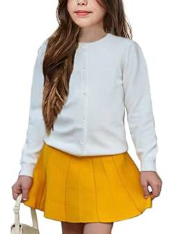 UELoop Mädchen-Strickjacke mit Rundhalsausschnitt [niedliche Blütenblatt-Knöpfe] Baumwolle Langarm Uniform Pullover für 5 6 5-6 5T 6Y Jahre Mädchen Weiß von UELoop