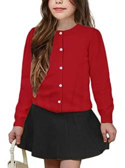 UELoop Mädchen-Strickjacke mit Rundhalsausschnitt [niedliche Blütenblatt-Knöpfe] Baumwolle Langarm Uniform Pullover für Size 11-12 10-12 11 12 Jahre Mädchen Rot von UELoop