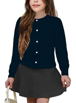 UELoop Mädchen-Strickjacke mit Rundhalsausschnitt [niedliche Blütenblatt-Knöpfe] Baumwolle Langarm Uniform Pullover für Size 13-14 13 14 Jahre Mädchen Marineblau von UELoop