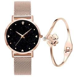 UEOTO Armbanduhr Damen Analog Quarz Damenuhr mit Rosegold Edelstahl Armband, 3ATM Damen Uhren mit Blau Sternenhimmel-Zifferblatt Frauen von UEOTO