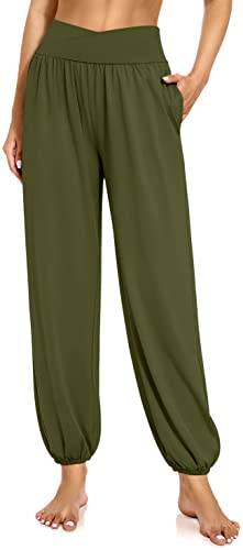 UEU Damen Harem Crossover Hohe Taille Flowy Pants Yoga Jogger mit Taschen Lounge Pyjama Casual Loose Sweatpants, Grün (Army Green), Groß von UEU