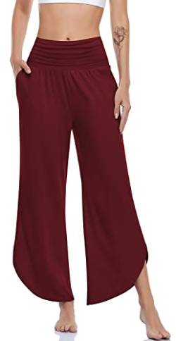 UEU Damen-Yogahose mit weitem Bein, hohe Taille, bequem, Tanzhose, locker, lässig, weich, Lounge, Jogginghose für Frauen mit Taschen, rot, Klein von UEU