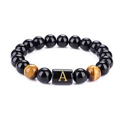 UEUC Initialen Armbänder für Männer & Frauen, 26 Letter Link Black Onyx Tiger Eye 10mm Steinperlen Armband, Glückssegen Perlen Verstellbares Armband(Gelber Tiger A) von UEUC