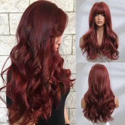 UEVIES Auburn Red Body Wave Wavy Synthetic Wig Natural Real Looking for Woman with Bangs 66 cm Cosplay Party for Daily Use von UEVIES