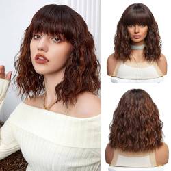 UEVIES Kurze gewelltes Braun mit Highlight Rotbraun Perücke Synthetisches Haar Perücken mit Pony Natürliche Schulter Länge Bob Perücke Für Frauen Täglich Party Cosplay-16 Zoll von UEVIES