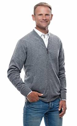 UGHOLIN Herren Strickjacke Cardigan 100% Kaschmir im College-Stil mit Reißverschluss 2-fädig, grau, L von UGHOLIN