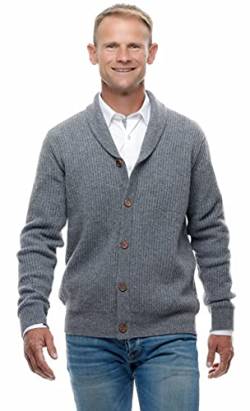 UGHOLIN Herren Strickjacke Cardigan 100% Kaschmir mit Holzknöpfen und Schalkragen 4-fädig, grau, L von UGHOLIN