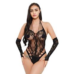 Damen Reizwäsche, Erotische Dessous Frau mit Handschuhe Sexy Teddy Bodysuit Baby Dolls Negligees Sexy Spitze Unterwäsche Transparente One Piece Erotische Lingerie Negligee Tiefer V-Ausschnitt (01) von UICCVOKK