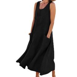 UIHECTA Boho äRmelloses Kleid, LäSsiges, äRmelloses Sommerkleid FüR Damen, Modisches Tank Strandkleid, Einfarbiges Kleid Aus Baumwollleinen, Mit Tasche,Schwarz,3XL von UIHECTA