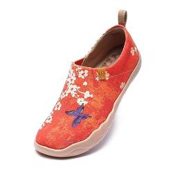 UIN Damen Sakura Gemalte Segeltuchschuhe Schmetterling Loafer Schuhe Slip-On Schuhe Mode Rot Reiseschuhe(42) von UIN