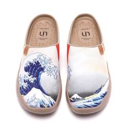 UIN Great Wave Off Kanagawa Slipper Damen Hausschuhe Lässige Wanderschuhe Leicht Loafer Schuhe Bemalter Reiseschuh Slip On Schuhe Canvas Weiß(39) von UIN