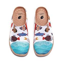 UIN Happy Fish Slipper Damen Hausschuhe Painted Slip On Schuhe Lässiger Fashional Sneaker Reiseschuhe Segelschuhe Canvas Weiß（38） von UIN