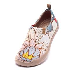 UIN Nelumbo Damen Blumen Lässige Lotus Wanderschuhe Leicht Loafer Schuhe Bemalter Reiseschuh Slip On Schuhe Canvas Blau(36.5) von UIN