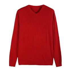 Herbst Herren Pullover mit V-Ausschnitt, dünner Wolle, klassischer Stil, einfarbig, Business Casual Pullover, rot, Large von UIOKLMJH