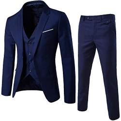 UJUNAOR Herren Slim Business Hochzeitsanzug 3-teiliges Set Jacke Weste Hose Anzug(Marine,CN M) von UJUNAOR