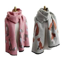 UK_Stone Damen Fuchs Pattern Schal Halstuch Gross Poncho mit Quaste (Khaki+Pink) von UK_Stone