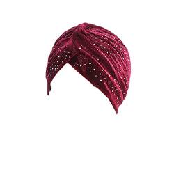 UK_Stone Damen Hijab Kopftuch Chemo Kopfbedeckung aus Samt Arabisch Turban mit Glitzer Dekor Unifarbe für Winter oder Herbst, Weinrot von UK_Stone