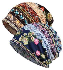 UK_Stone Damen Vintage Blumen Ethnisch Turban Mütze Chemo Kopftücher Haarverlust Kopfbedeckung Unisex Beanie Halstuch Multifunktionstuch von UK_Stone
