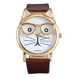 UKCOCO Geschenke Für Jungen Kinder Quarz Uhr Niedlichen Cartoon Brille Katze Analoge Armbanduhr mit Lederbändern für Mädchen Jungen Junge Geschenk von UKCOCO