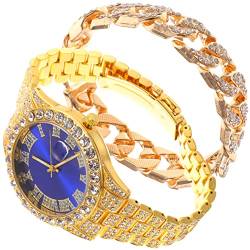 UKCOCO Stahlarmbanduhr Diamant-Armband Herrenuhr-Armband-Set: Luxus- Mit Metall-Strasssteinen Kalender Armbanduhr Quarzuhr von UKCOCO