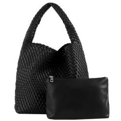 UKETO Handtaschen Damen 2-teiliges Set Shopper Groß PU Leder Mode Umhängetasche Retro Gewebte Schultertasche Tote Bag Für Frauen, Klassisch Kosmetiktasche Henkeltasche Tasche Damen mit Geldbörse von UKETO