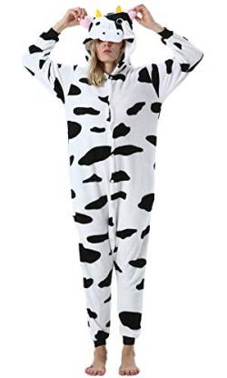 ULEEMARK Damen Herren Jumpsuit Onesie Tier Fasching Halloween Kostüm Lounge Sleepsuit Cosplay Overall Pyjama Schlafanzug Erwachsene Unisex Kuh for XL von ULEEMARK