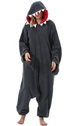 ULEEMARK Damen Herren Jumpsuit Onesie Tier Fasching Halloween Kostüm Lounge Sleepsuit Cosplay Overall Pyjama Schlafanzug Erwachsene Unisex Schwarz Hai for S von ULEEMARK