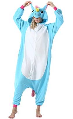 ULEEMARK Damen Jumpsuit Onesie Tier Fasching Halloween Kostüm Lounge Sleepsuit Herren Cosplay Overall Pyjama Schlafanzug Erwachsene Unisex Einhorn Blau for M von ULEEMARK