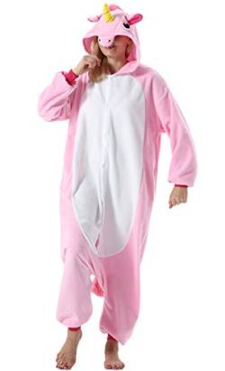 ULEEMARK Damen Jumpsuit Onesie Tier Fasching Halloween Kostüm Lounge Sleepsuit Herren Cosplay Overall Pyjama Schlafanzug Erwachsene Unisex Einhorn Rosa for XL von ULEEMARK