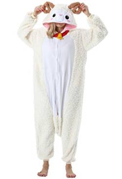 ULEEMARK Damen Jumpsuit Onesie Tier Fasching Halloween Kostüm Lounge Sleepsuit Herren Cosplay Overall Pyjama Schlafanzug Erwachsene Unisex Schaf for M von ULEEMARK