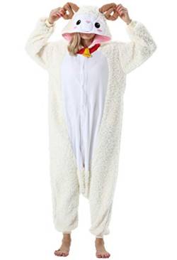 ULEEMARK Damen Jumpsuit Onesie Tier Fasching Halloween Kostüm Lounge Sleepsuit Herren Cosplay Overall Pyjama Schlafanzug Erwachsene Unisex Schaf for S von ULEEMARK