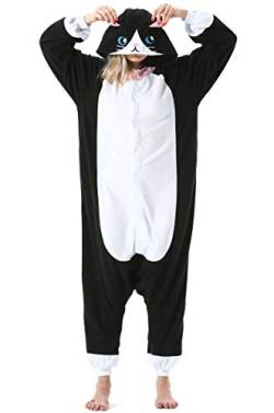 ULEEMARK Damen Jumpsuit Onesie Tier Fasching Halloween Kostüm Lounge Sleepsuit Herren Cosplay Overall Pyjama Schlafanzug Erwachsene Unisex Schwarz Katze for XL von ULEEMARK