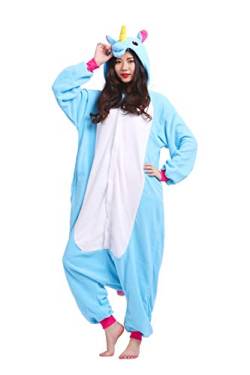 ULEEMARK Jumpsuit Onesie Tier Karton Kigurumi Fasching Halloween Kostüm Lounge Sleepsuit Cosplay Overall Pyjama Schlafanzug Erwachsene Unisex Blau Einhorn for Höhe 140-187CM von ULEEMARK