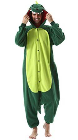 ULEEMARK Jumpsuit Onesie Tier Karton Kigurumi Fasching Halloween Kostüm Lounge Sleepsuit Cosplay Overall Pyjama Schlafanzug Erwachsene Unisex Damen Herren Grün Dinosaurier for XL von ULEEMARK