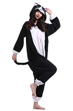 ULEEMARK Jumpsuit Onesie Tier Karton Kigurumi Fasching Halloween Kostüm Lounge Sleepsuit Cosplay Overall Pyjama Schlafanzug Erwachsene Unisex Schwarz Katze for Höhe 140-187CM von ULEEMARK