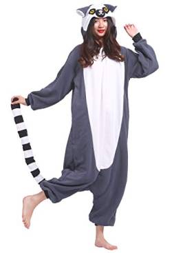 ULEEMARK Jumpsuit Onesie Tier Karton Kigurumi Fasching Halloween Kostüm Lounge Sleepsuit Cosplay Overall Pyjama Schlafanzug Erwachsene Unisex Schwarzbinden Lemur for Höhe 140-187CM von ULEEMARK