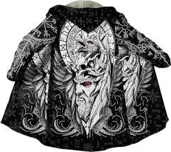 Wikinger-Kapuzenmantel, 3D-gedruckter Odin-Raben-Tattoo-Umhang, nordische Mythologie, verdickte Winter-warme dicke Jacke, Kleidung im Wikinger-Stil (Color : A, Size : XL) von ULJNVIK